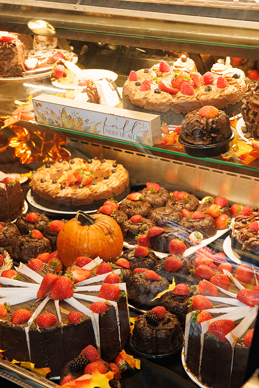 The Ferris dessert case, showing an assortment of cakes and pies