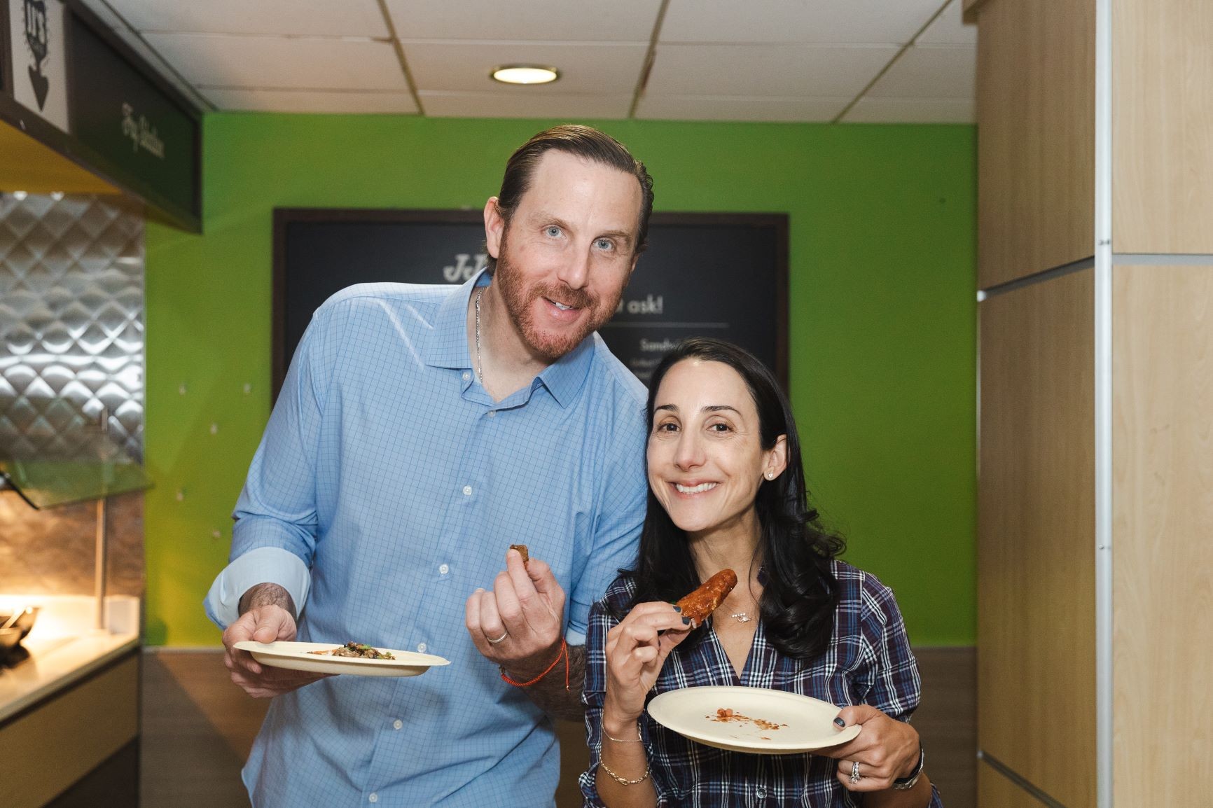 Brown and Shira Zackai from the Beyond Meat team sample the Beyond Chicken Tenders