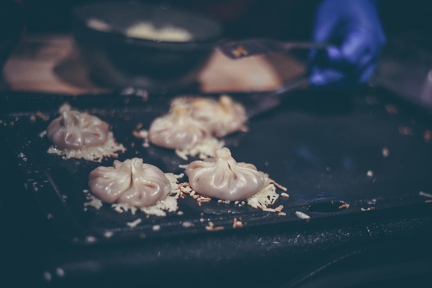 Soup Dumplings dumplings on a flat top grill