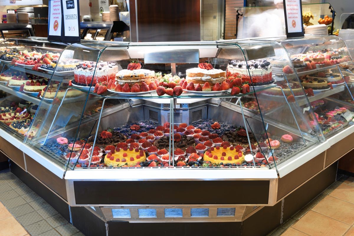The pastry case, serving breakfast pastries in the AM and cake, pie, and other sweets in the PM dessert case