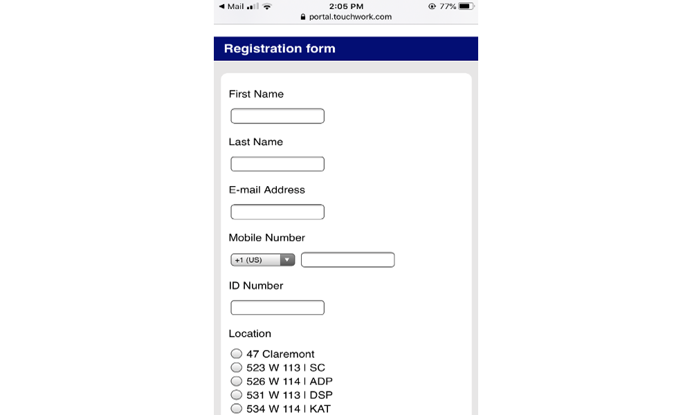 Columbia Dining app registration form