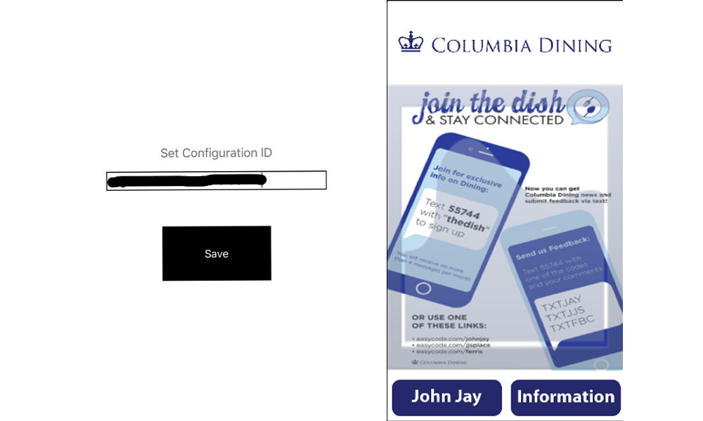 Screenshots show the Configuration ID field and the Columbia Dining app home screen