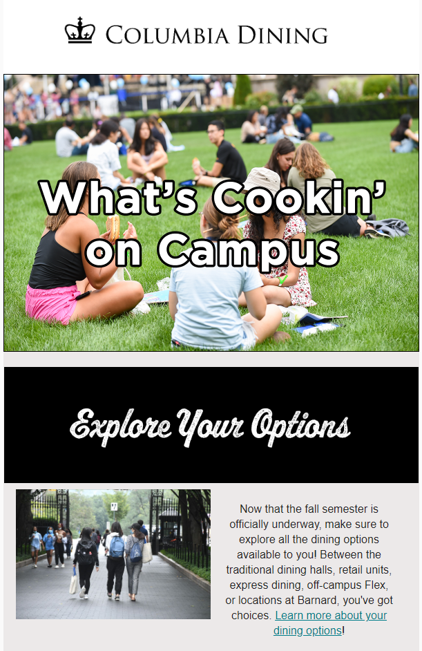 A snip of the September newsletter. The top image is of students sitting on South Field lawns with text: What's Cookin' on Campus.