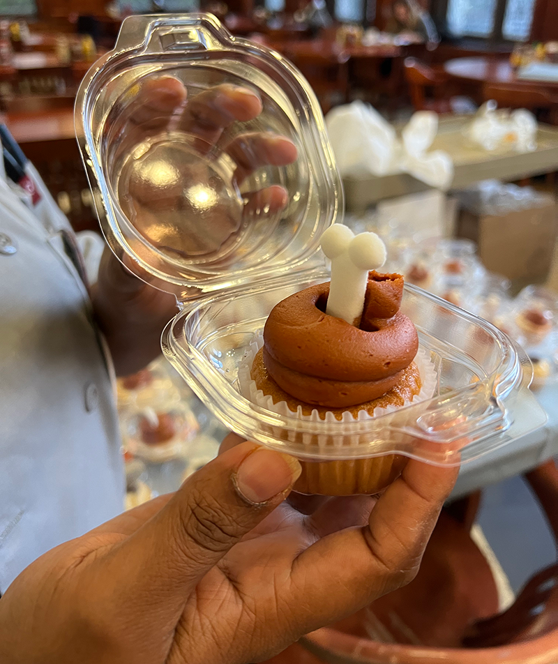 A cupcake decorated to look like a turkey leg