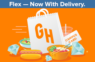 A graphical image showing a grocery bag with food all around it and a card with the text "Campus Card" printed on it. Above the image it says "Flex -- now with delivery."