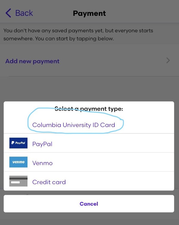 An image of an online payment system showing how you can select "Columbia University ID Card" as an option.