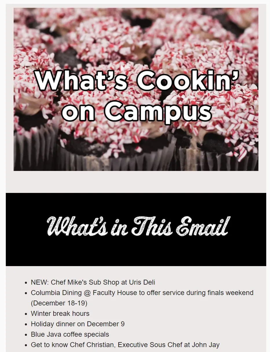 What's Cooking on Campus over a photo of chocolate cupcakes with candy cane crumble.