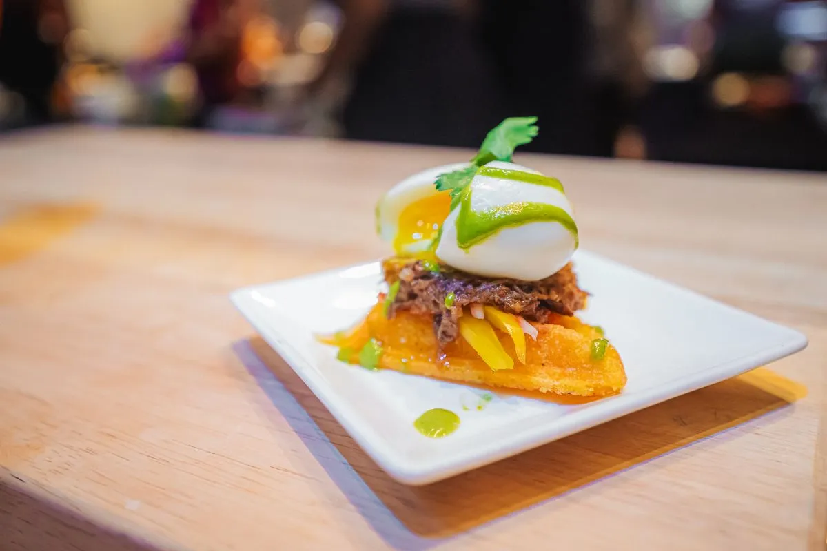 Arepa waffle with braised short rib & poached egg