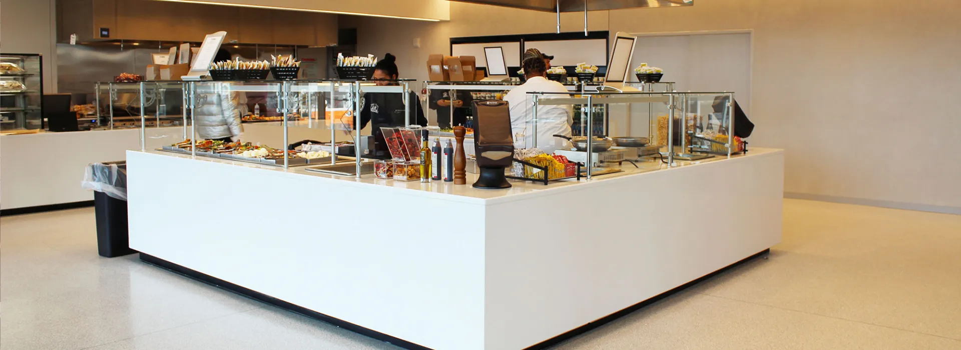 Robert F. Smith Dining Hall with employees preparing for service