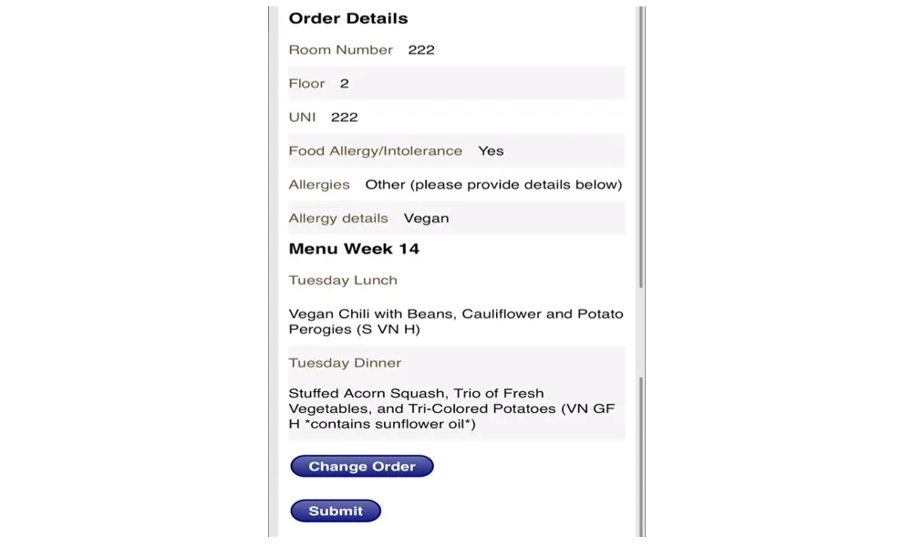 The Columbia Dining app features a shopping cart where students may change or confirm their order.