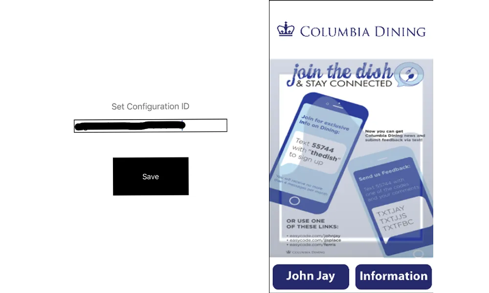 Screenshots show the Configuration ID field and the Columbia Dining app home screen