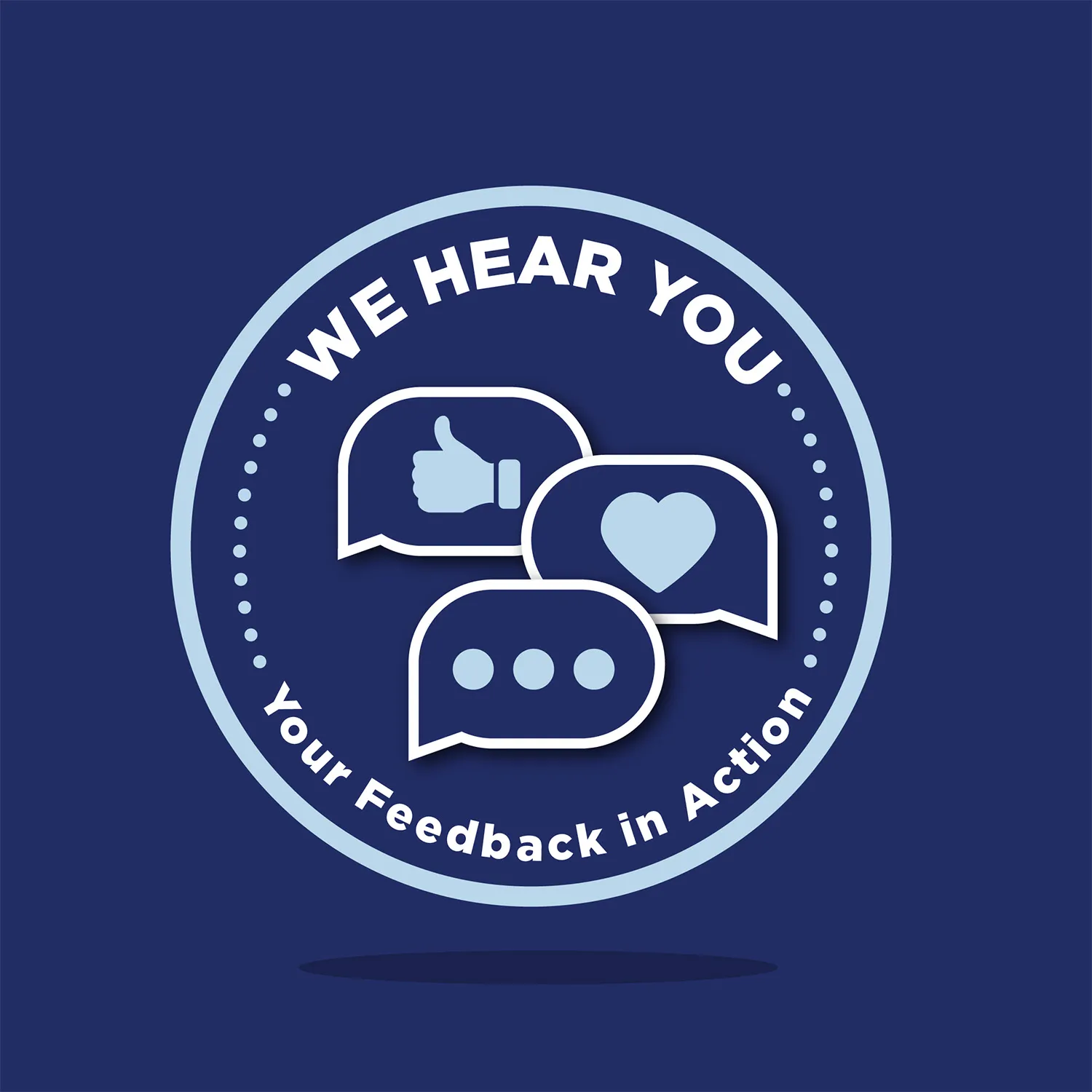 A light blue circle encloses thumbs up, heart, and chat icons with text: We Hear You / Your Feedback in Action