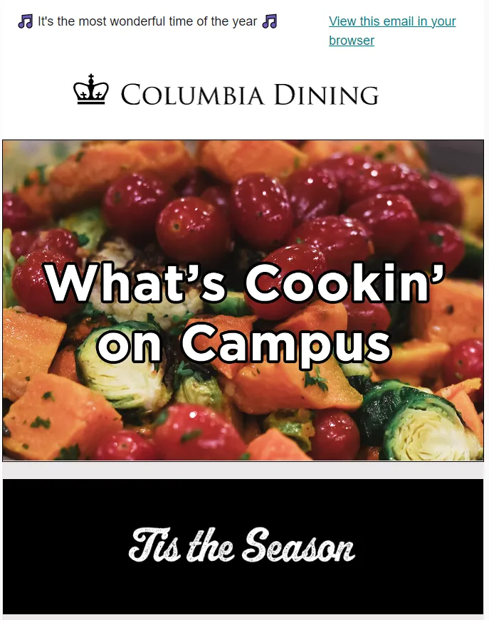 A snip of the December e-newsletter, showing a picture of brussels sprouts, squash, and tomatoes